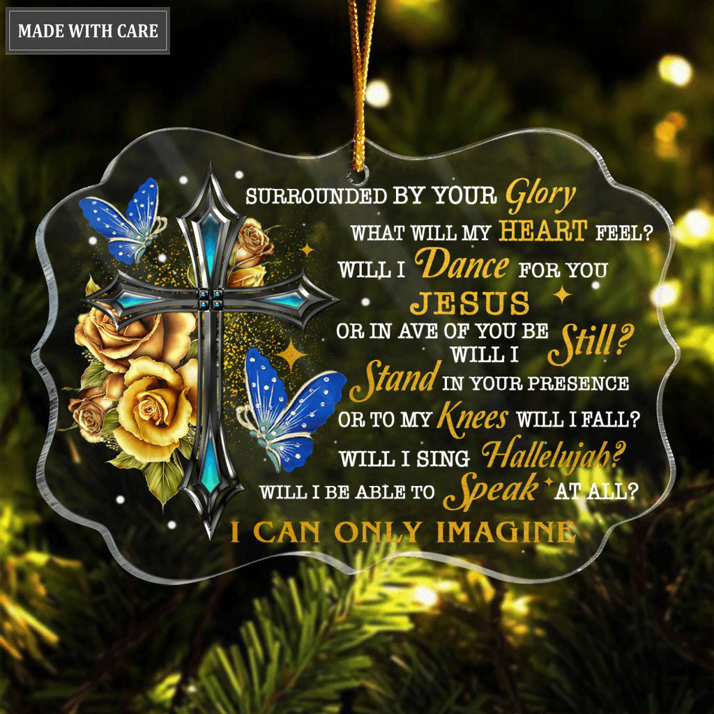 Golden Roses Cross Butterfly Surrounded By Your Glory Transparent Ornament