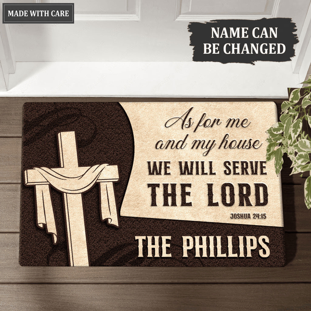Cross We will Serve The Lord Personalized Doormat