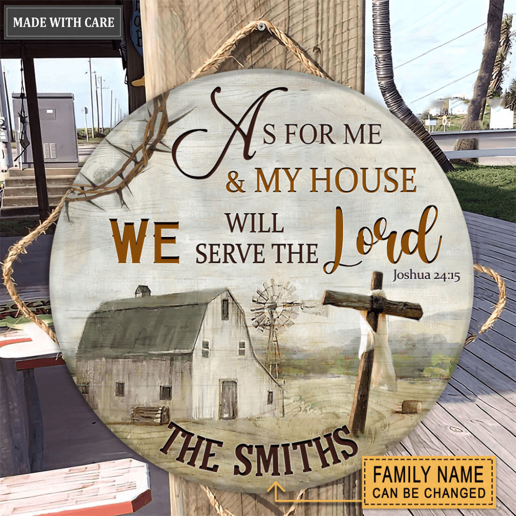 Personalized Farm With Cross As For Me And My House Wood Circle Sign