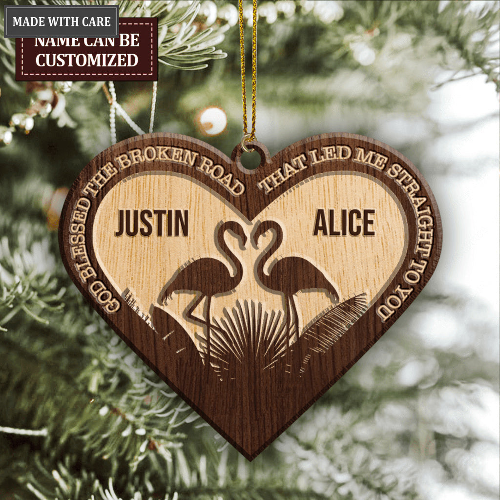Romantic Flamingo Couple God Blessed Personalized Wood Engraved Ornaments