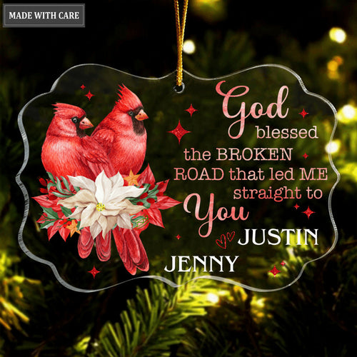 Cardinal Couple Poinsettia God Blessed Personalized Transparent Ornament