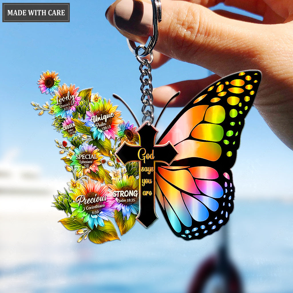 Cross With Rainbow Butterfly God Says You Are Keychain