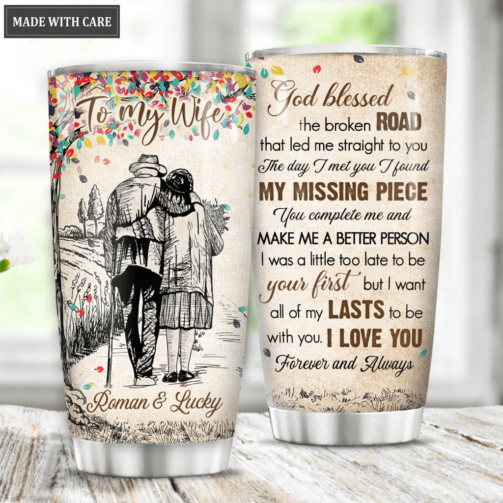 Old Couple God Blessed The Broken Road Personalized Tumbler