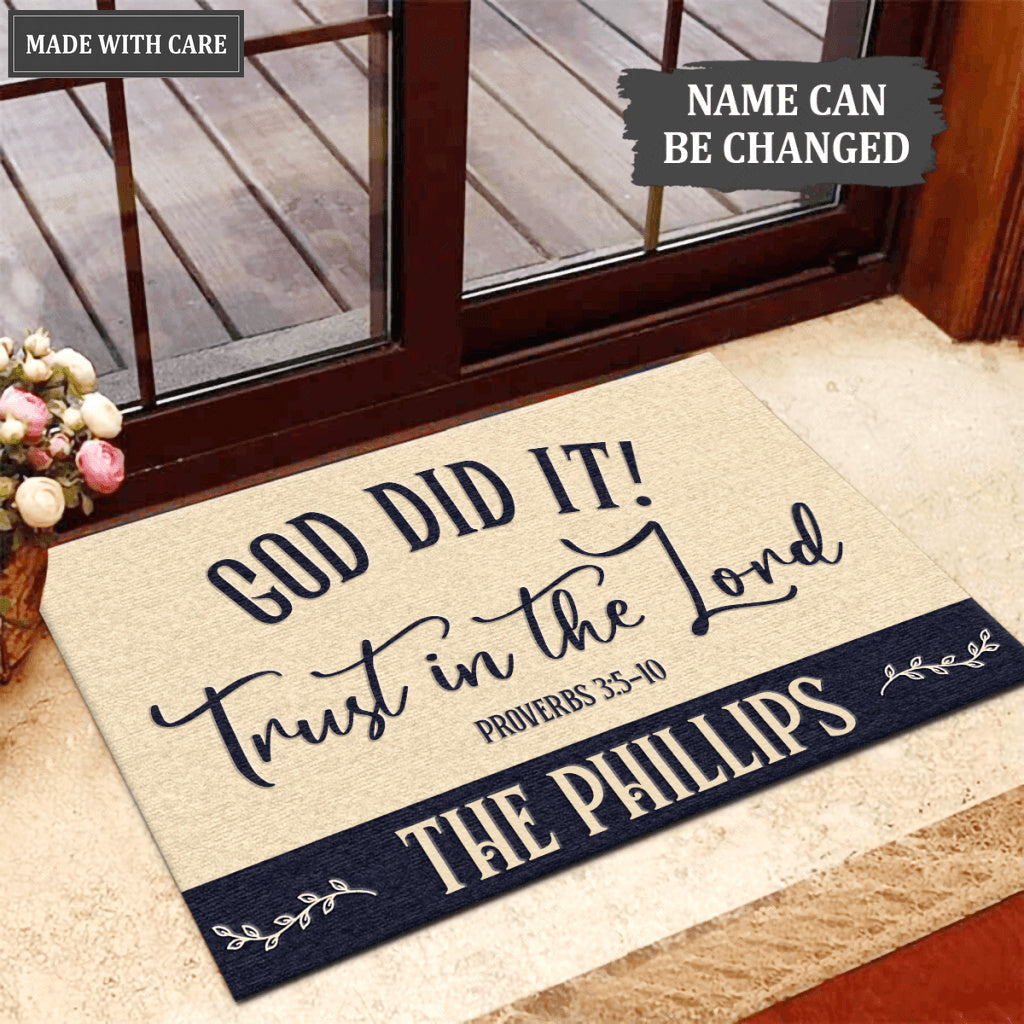 Personalized God Did It Trust In The Lord Navy And Tan Doormat