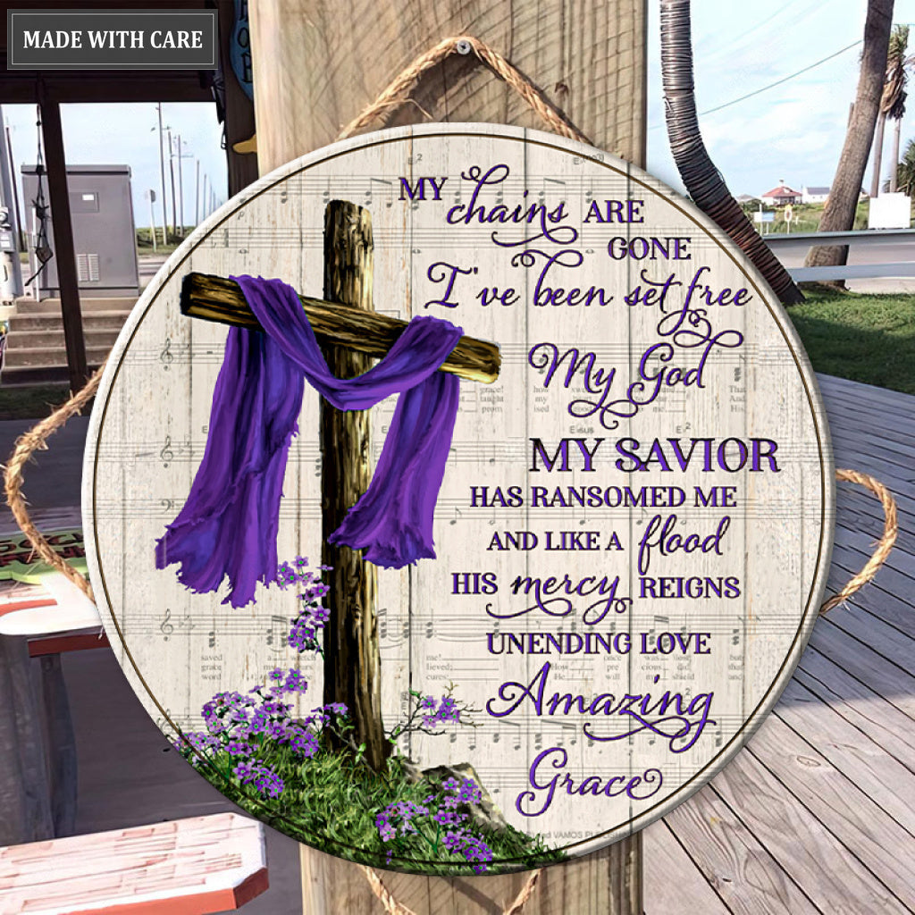 Purple Scarf Cross Chains Are Gone Wood Circle Sign
