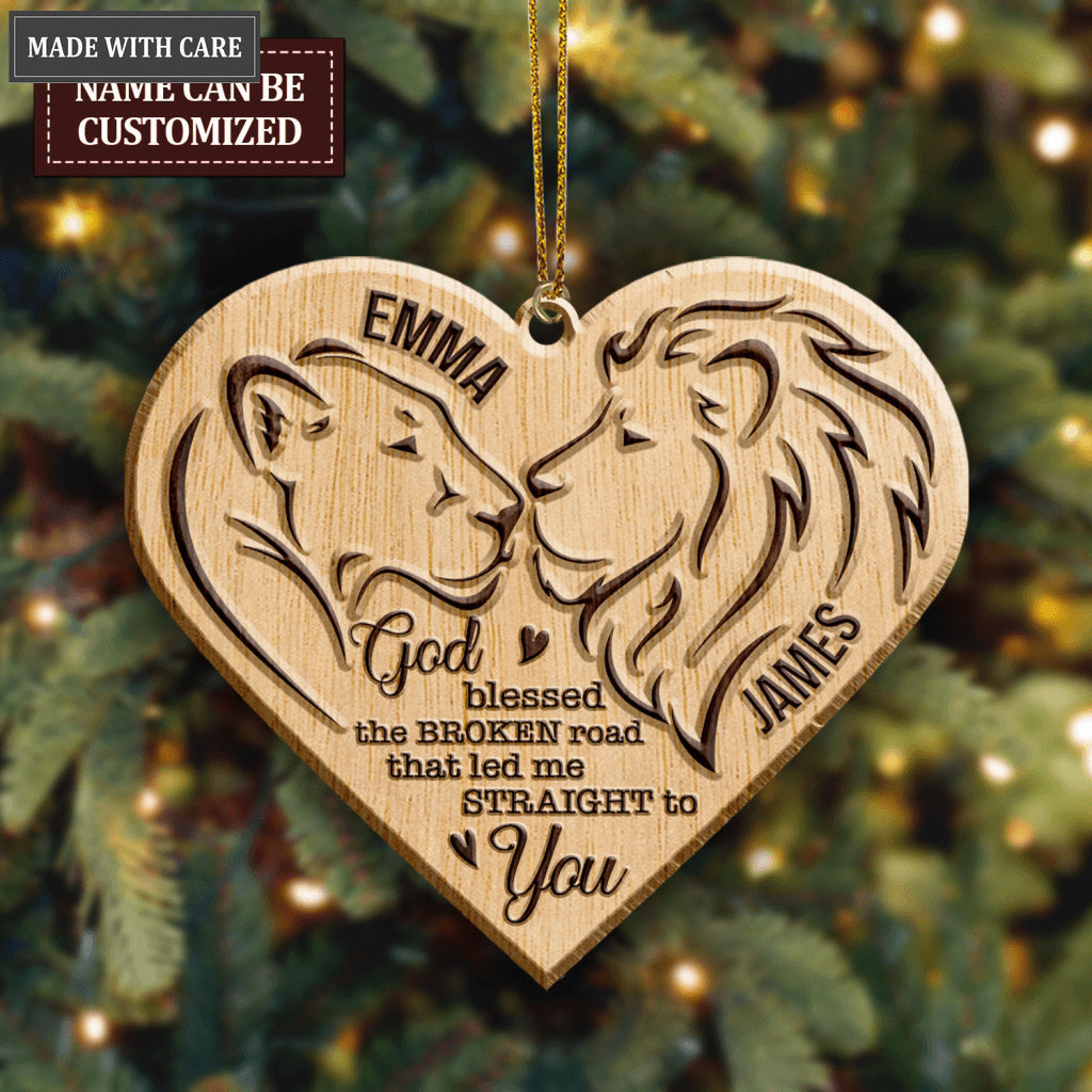 Heart Lion Couple God Blessed Personalized Wood Engraved Ornaments