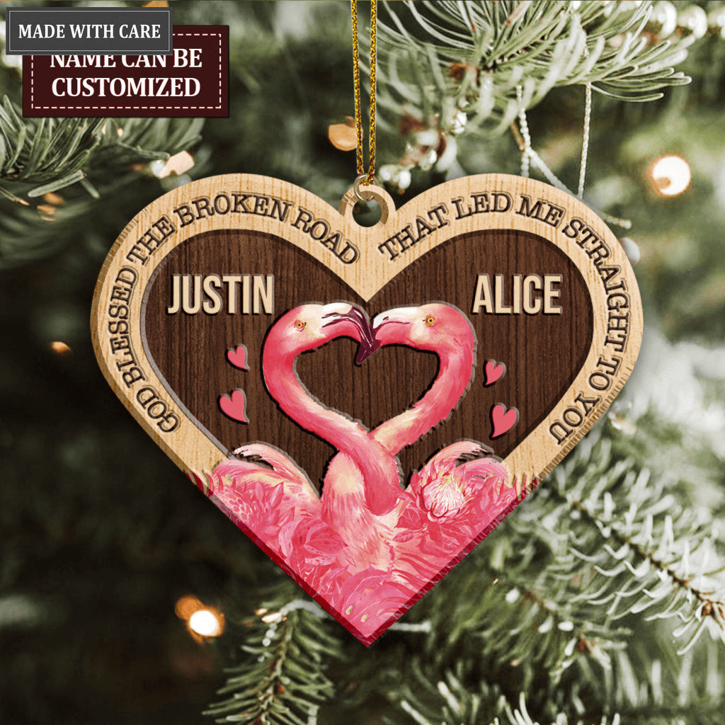 Pink Heart Flamingo Couple God Blessed Personalized Wood Engraved Ornaments