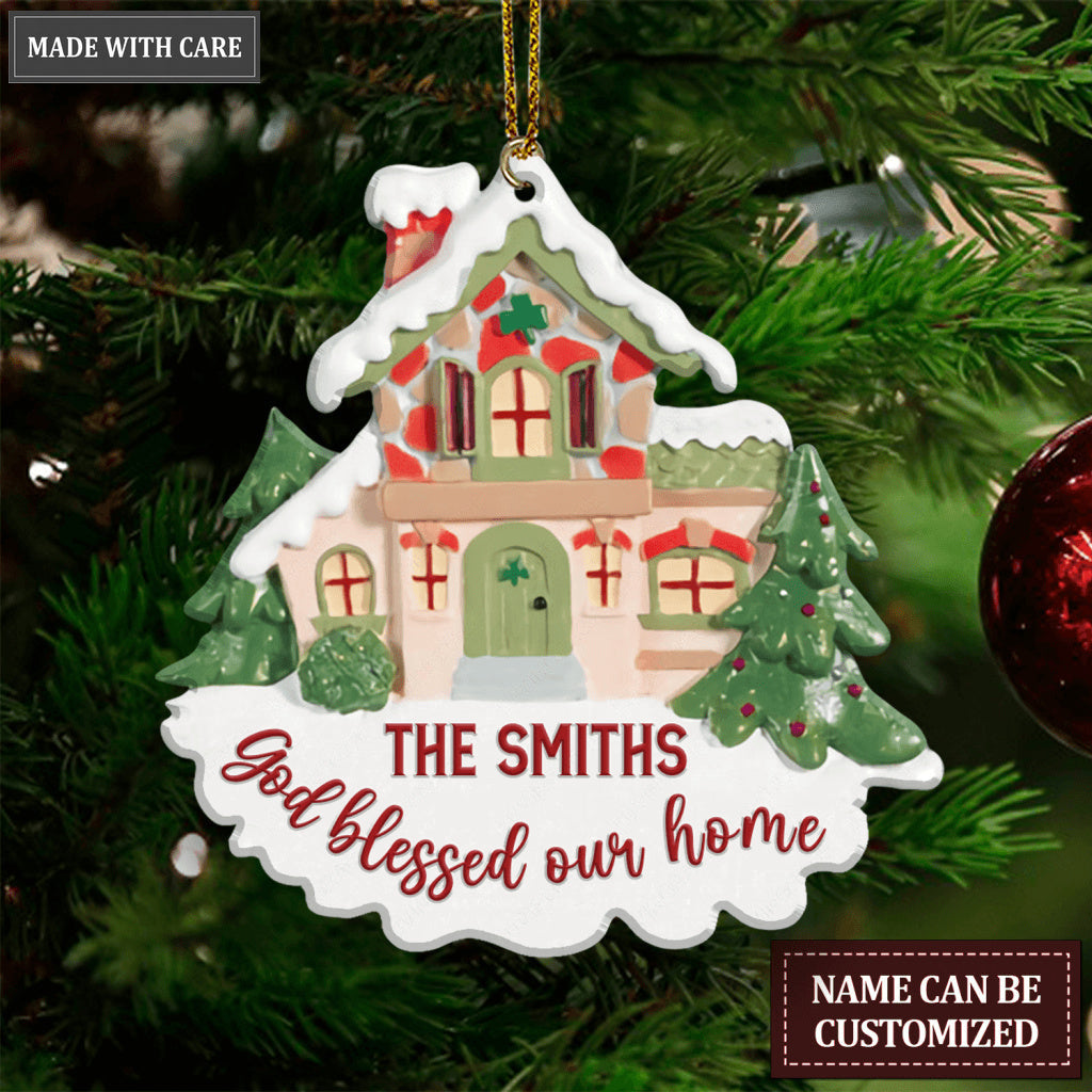 Christmas Vintage House God Bless Our Home Personalized Ornament