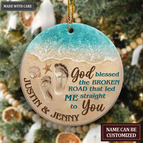 Couple Footprint On Beach God Blessed Personalized Ornament