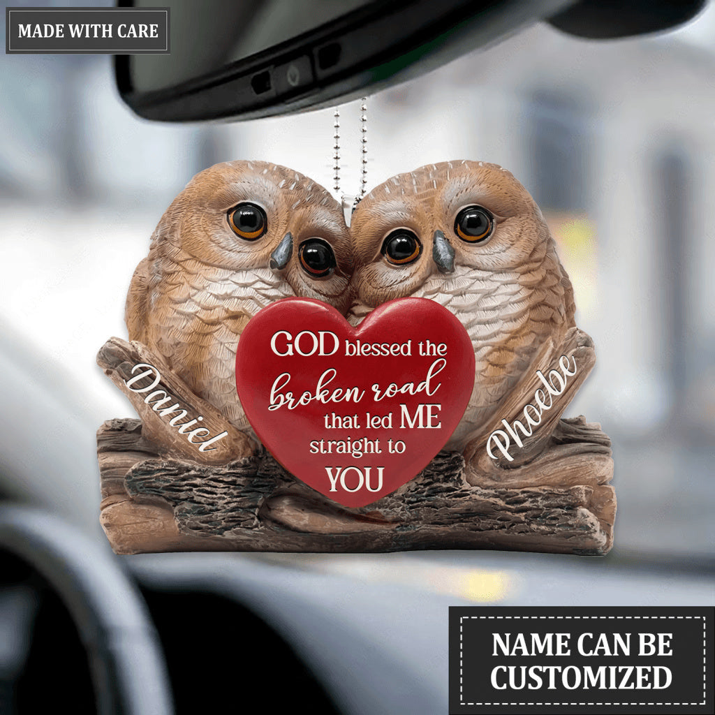 Personalized Heart With Two Owls God Blessed Ornament
