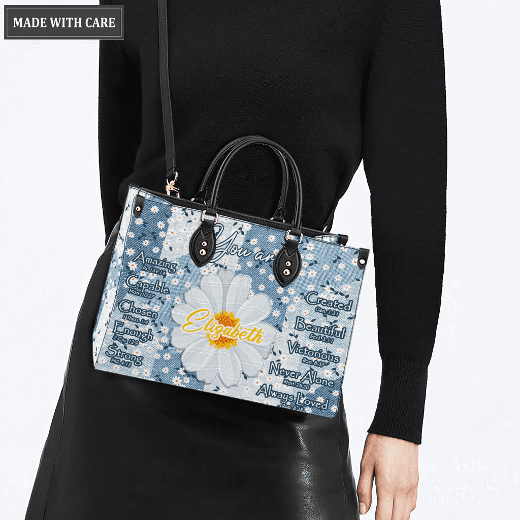 Daisy Flower On Jean Pattern Identity In Christ You Are - Personalized Custom Leather Bag
