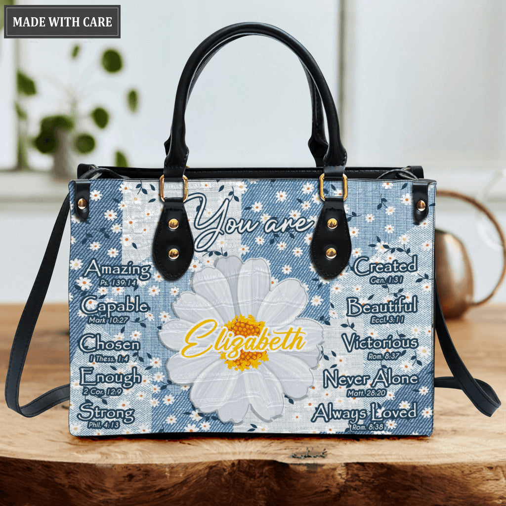 Daisy Flower On Jean Pattern Identity In Christ You Are - Personalized Custom Leather Bag