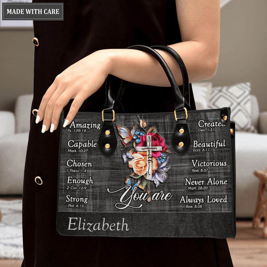 Grey Vintage Roses Cross Butterfly You Are - Personalized Custom Leather Bag