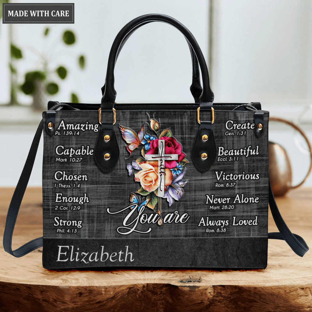 Grey Vintage Roses Cross Butterfly You Are - Personalized Custom Leather Bag