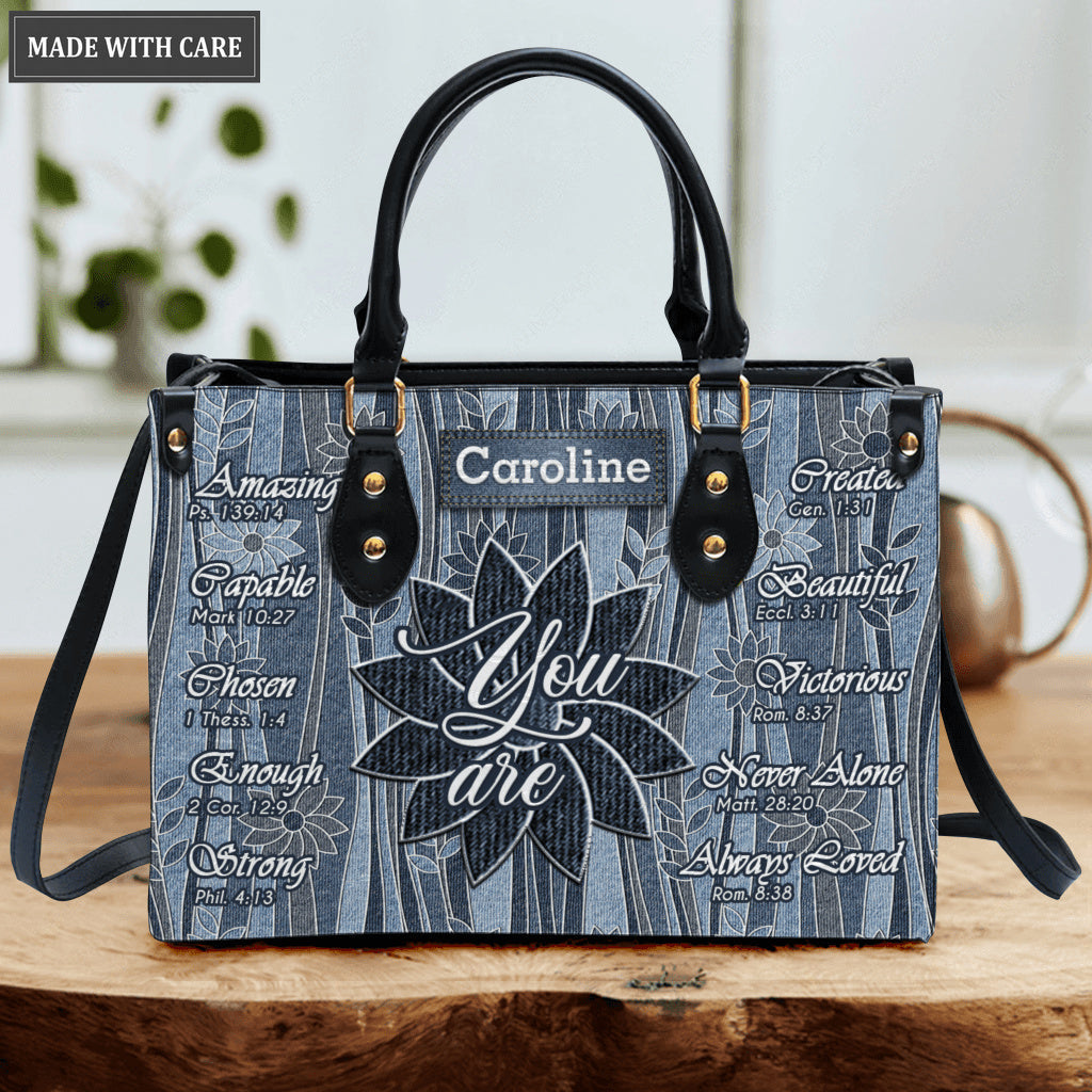Vintage Flower On Jean Pattern Identity In Christ You Are - Personalized Custom Leather Bag
