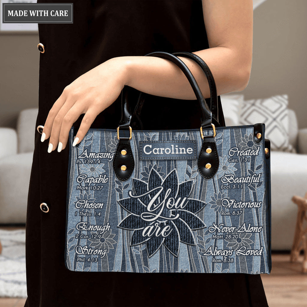 Vintage Flower On Jean Pattern Identity In Christ You Are - Personalized Custom Leather Bag