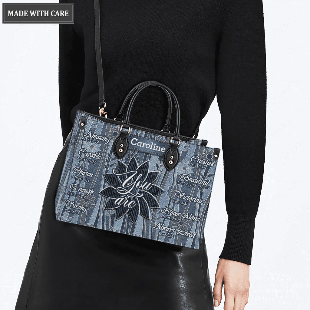 Vintage Flower On Jean Pattern Identity In Christ You Are - Personalized Custom Leather Bag