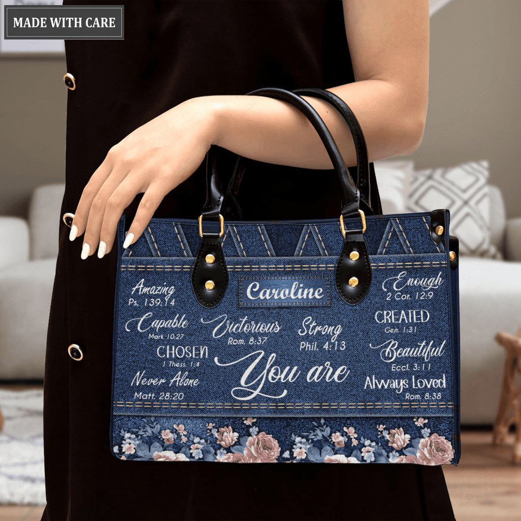 Vintage Roses Floral On Jean Pattern Identity In Christ You Are - Personalized Custom Leather Bag