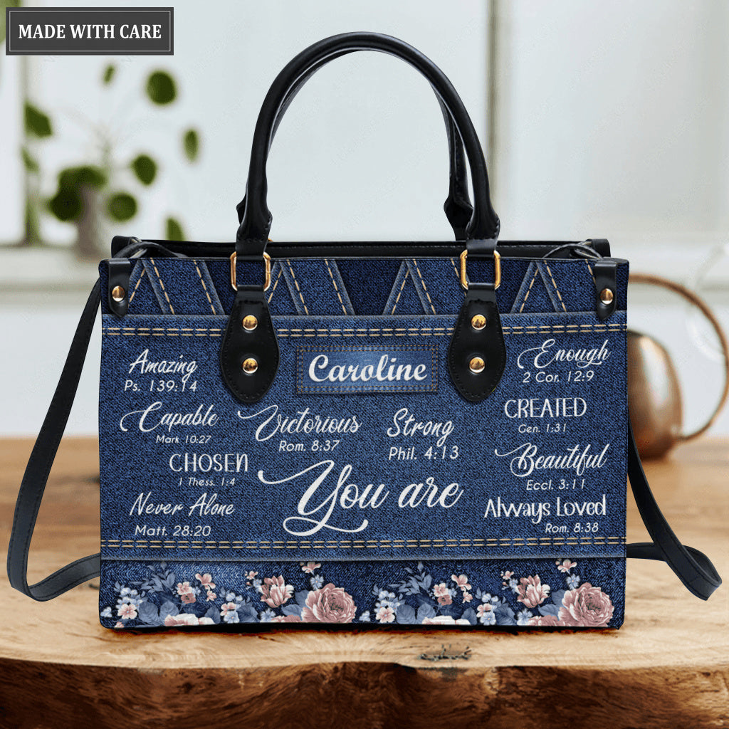 Vintage Roses Floral On Jean Pattern Identity In Christ You Are - Personalized Custom Leather Bag