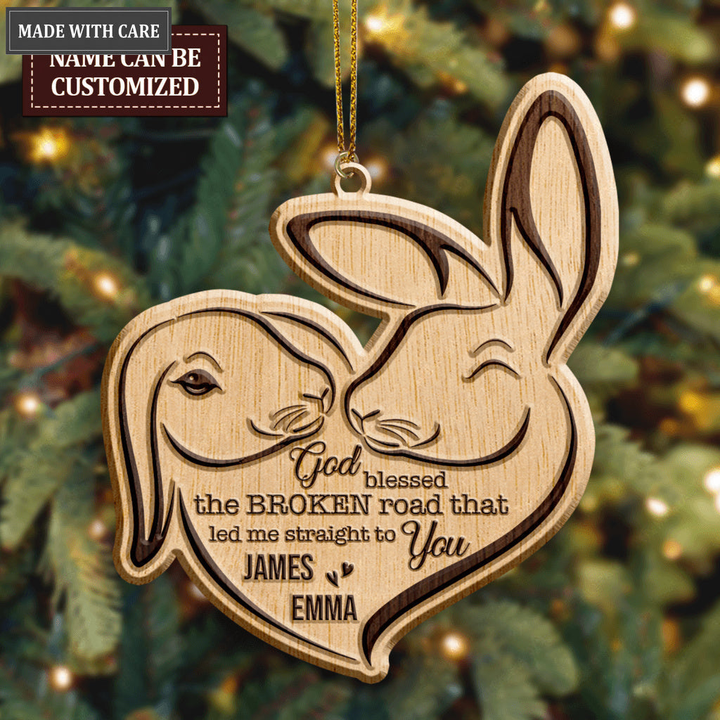 Bunny Rabbit Couple God Blessed Personalized Wood Engraved Ornaments