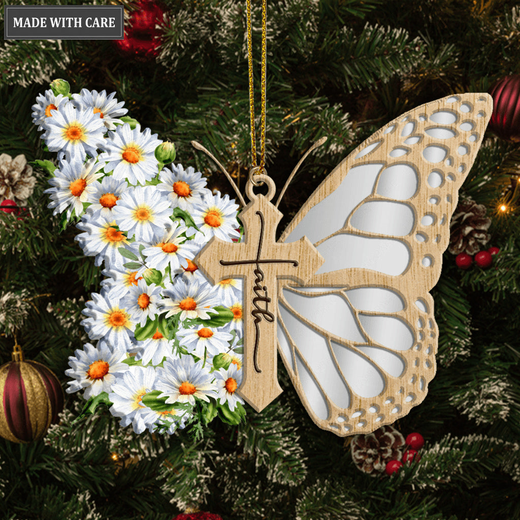 Faith Daisy Flowers Cross Butterfly God Jesus Christian Lover Wood Engraved Ornaments