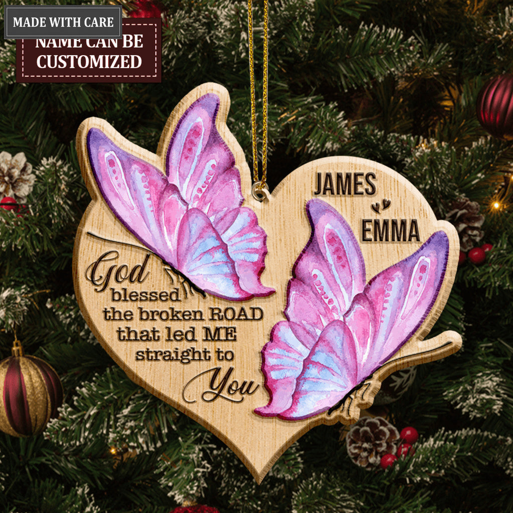 Heart Butterfly Couple God Blessed Personalized Wood Engraved Ornaments