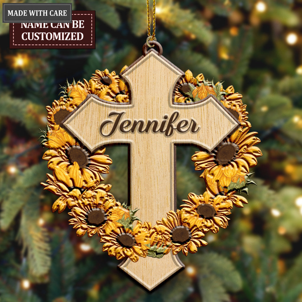 Sunflower Cross Jesus Christian Lover Personalized Wood Engraved Ornaments