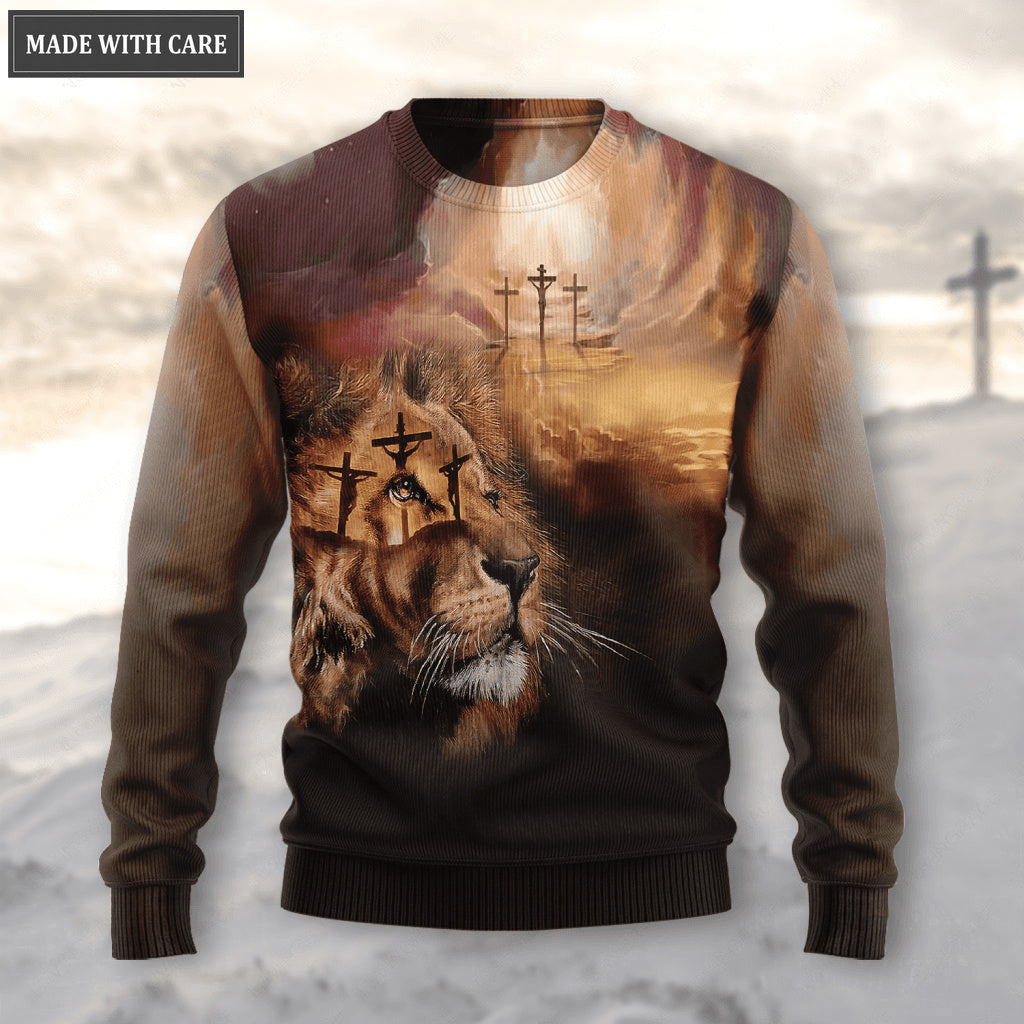 Cross Lion Look To God Trust In Lord Woll Sweatshirt