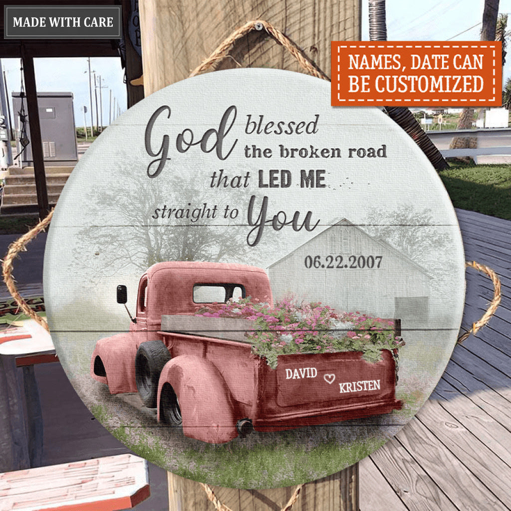 Personalized Red Truck God Blessed Wood Circle Sign