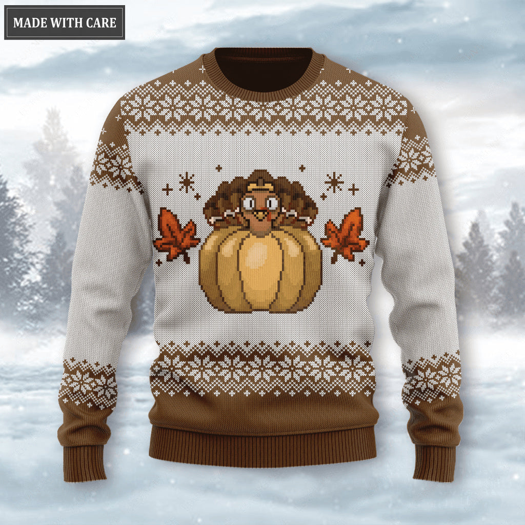 Vintage Happy Thanksgiving Turkey Pumpkin Wool Knitted Pattern Ugly Sweater