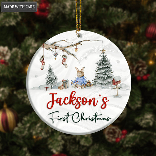 Baby Rabbit In Forest First Christmas Personalized Ornament