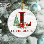 Christmas Poinsettia And Pine Red Green Plaid First Letter And Name Personalized Ornament