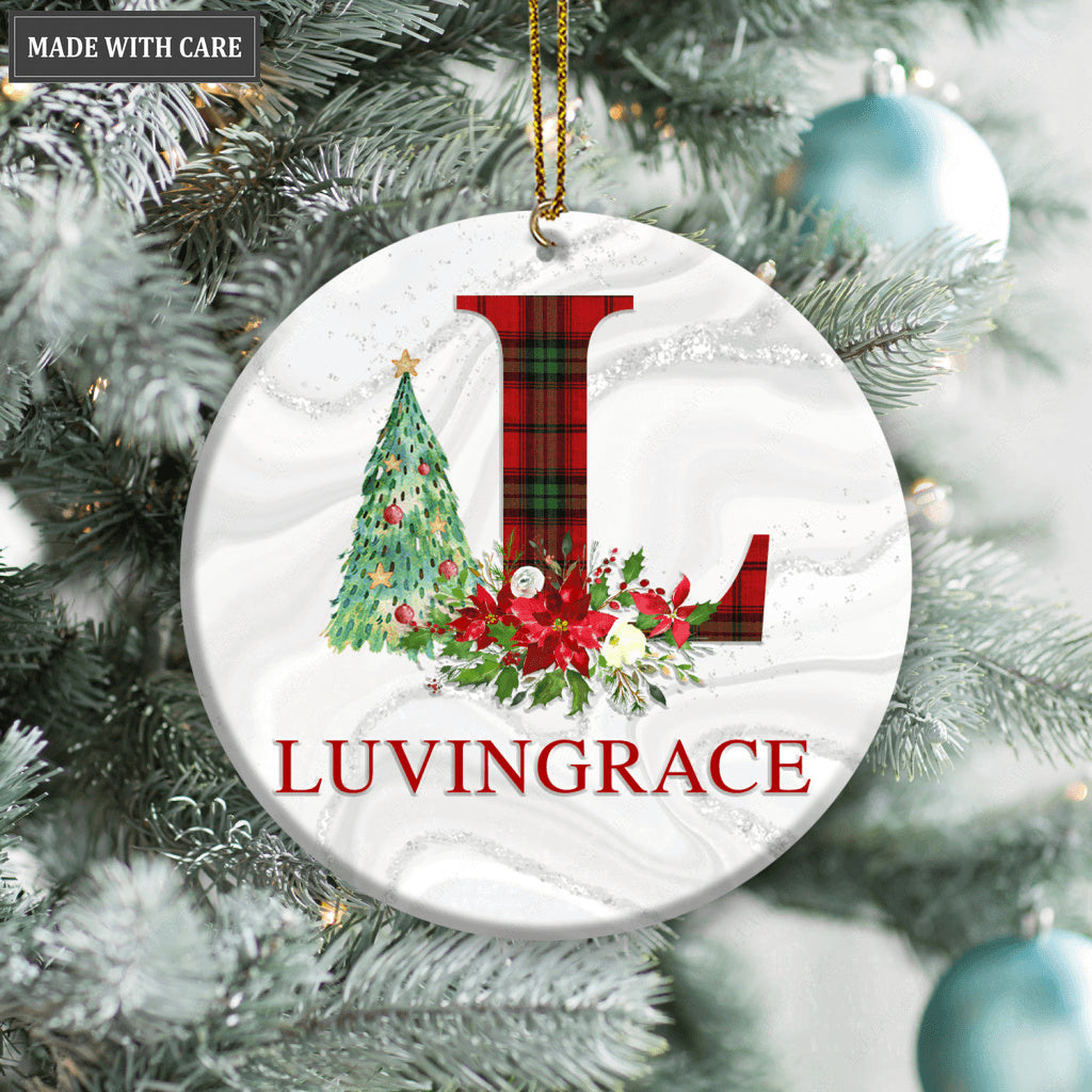 Christmas Poinsettia And Pine Red Green Plaid First Letter And Name Personalized Ornament