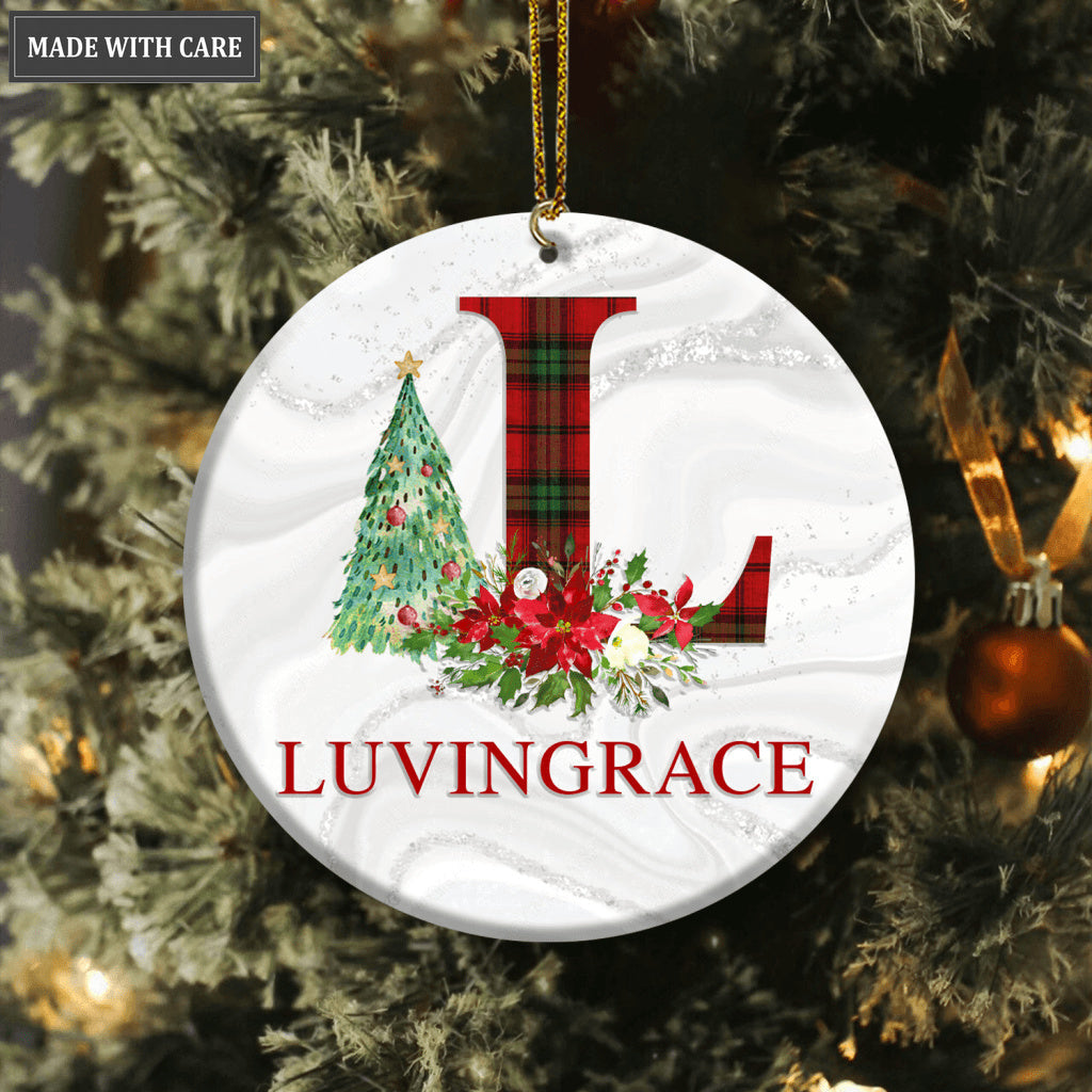 Christmas Poinsettia And Pine Red Green Plaid First Letter And Name Personalized Ornament