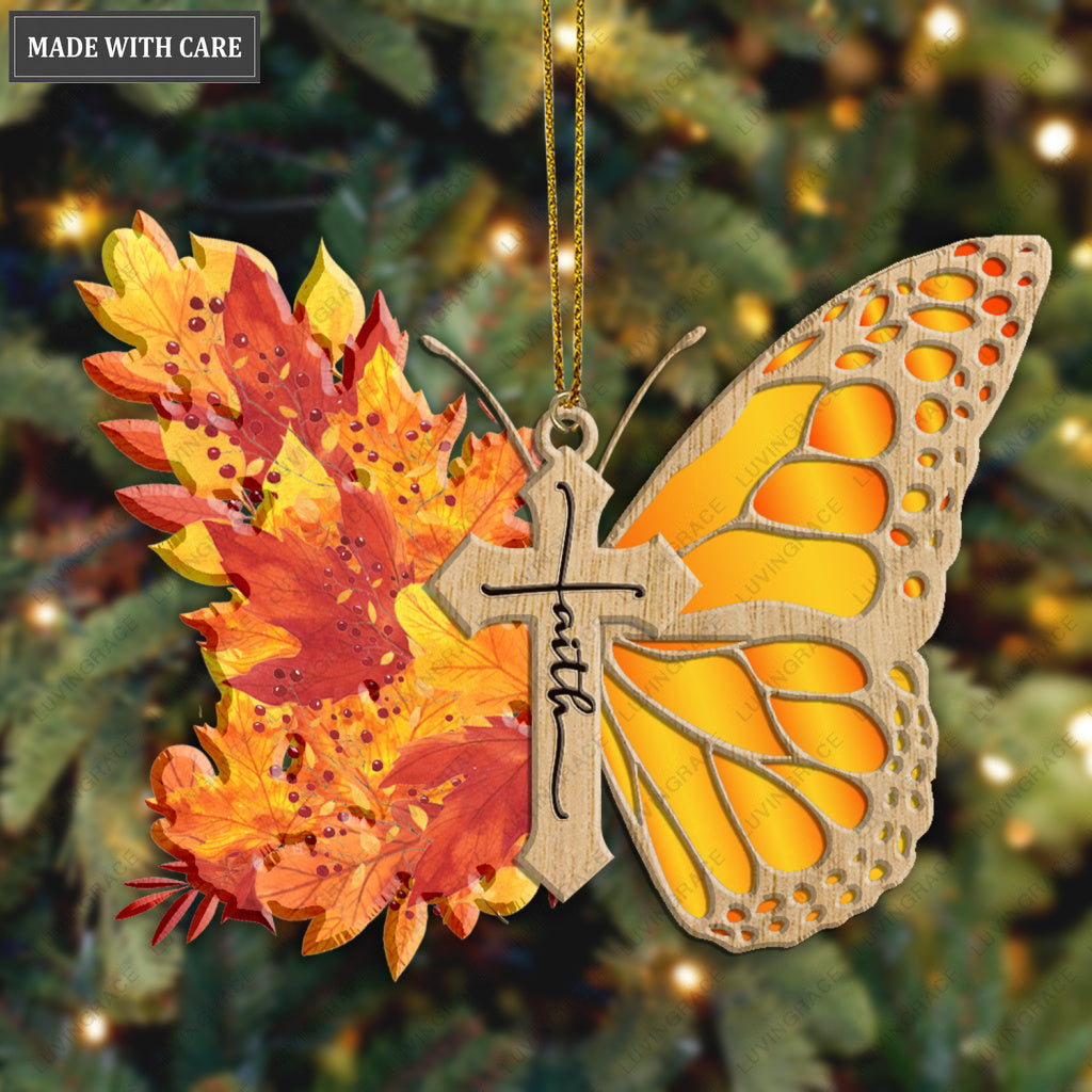 Autumn Maple Floral Butterfly Faith Cross Jesus Christian Lover Wood Engraved Ornaments