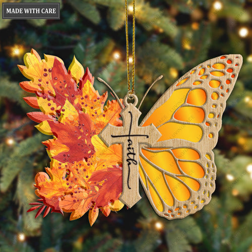 Autumn Maple Floral Butterfly Faith Cross Jesus Christian Lover Wood Engraved Ornaments