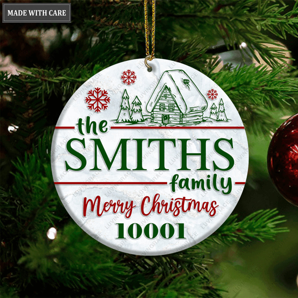 Christmas Vintage Wood House Family Name And Zip Code Personalized Ornament