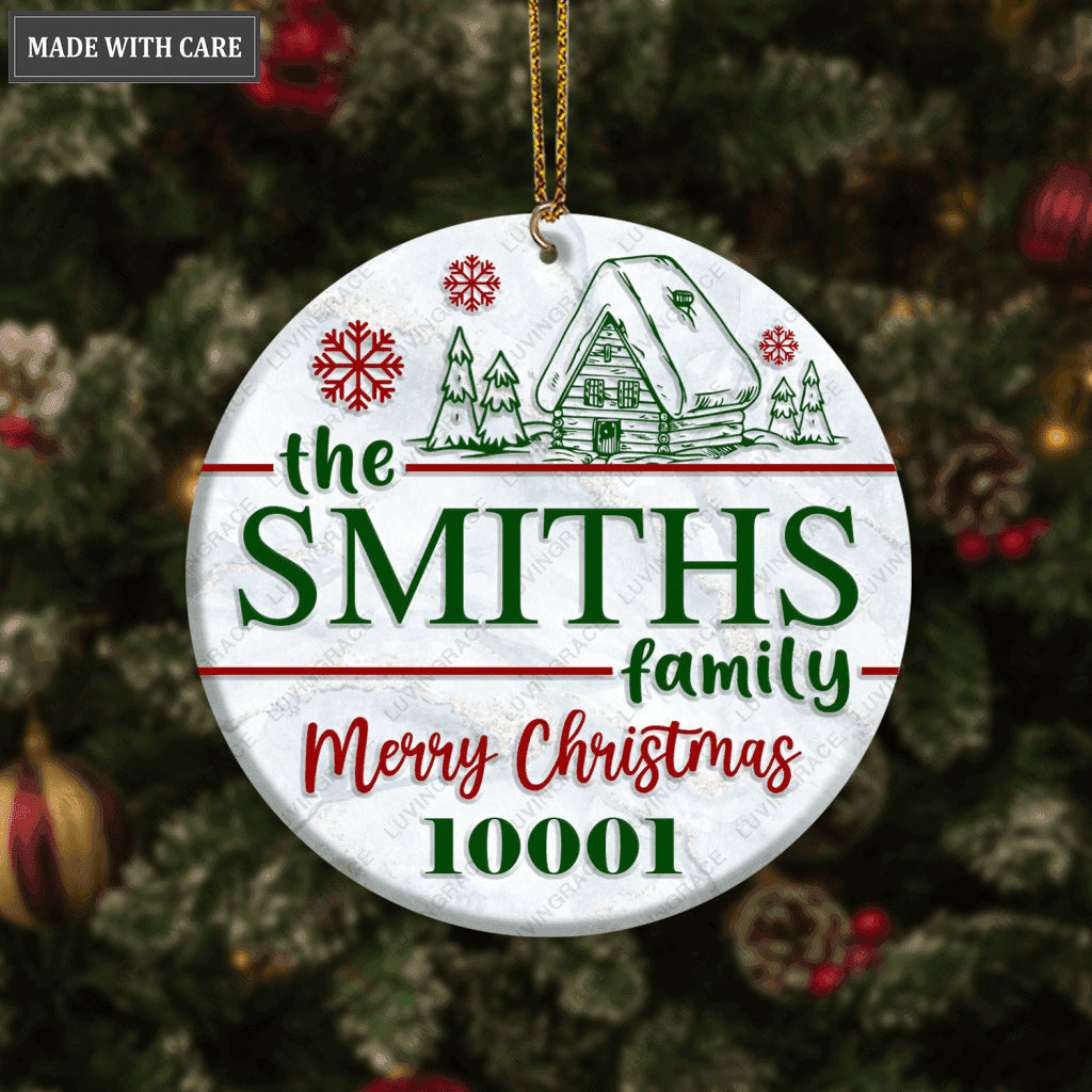 Christmas Vintage Wood House Family Name And Zip Code Personalized Ornament