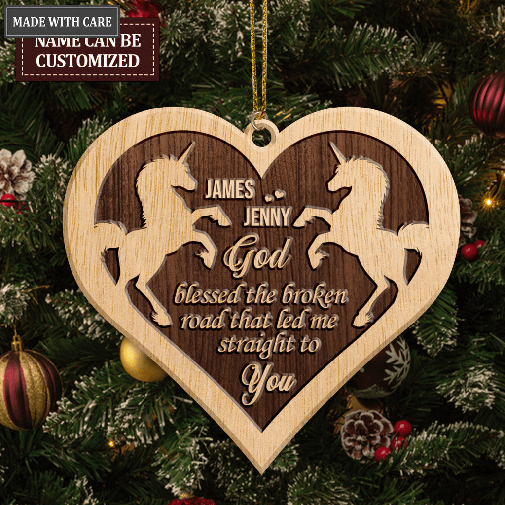 Heart Unicorn Couple God Blessed Personalized Wood Engraved Ornaments