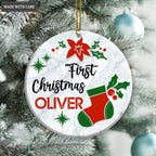 First Christmas Sock Poinsettia Floral Personalized Ornament