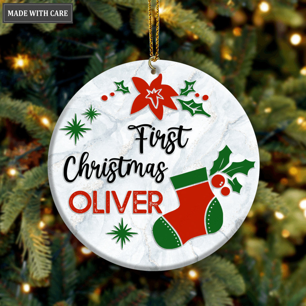 First Christmas Sock Poinsettia Floral Personalized Ornament