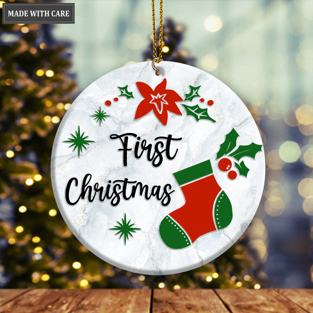 First Christmas Sock Poinsettia Floral Personalized Ornament