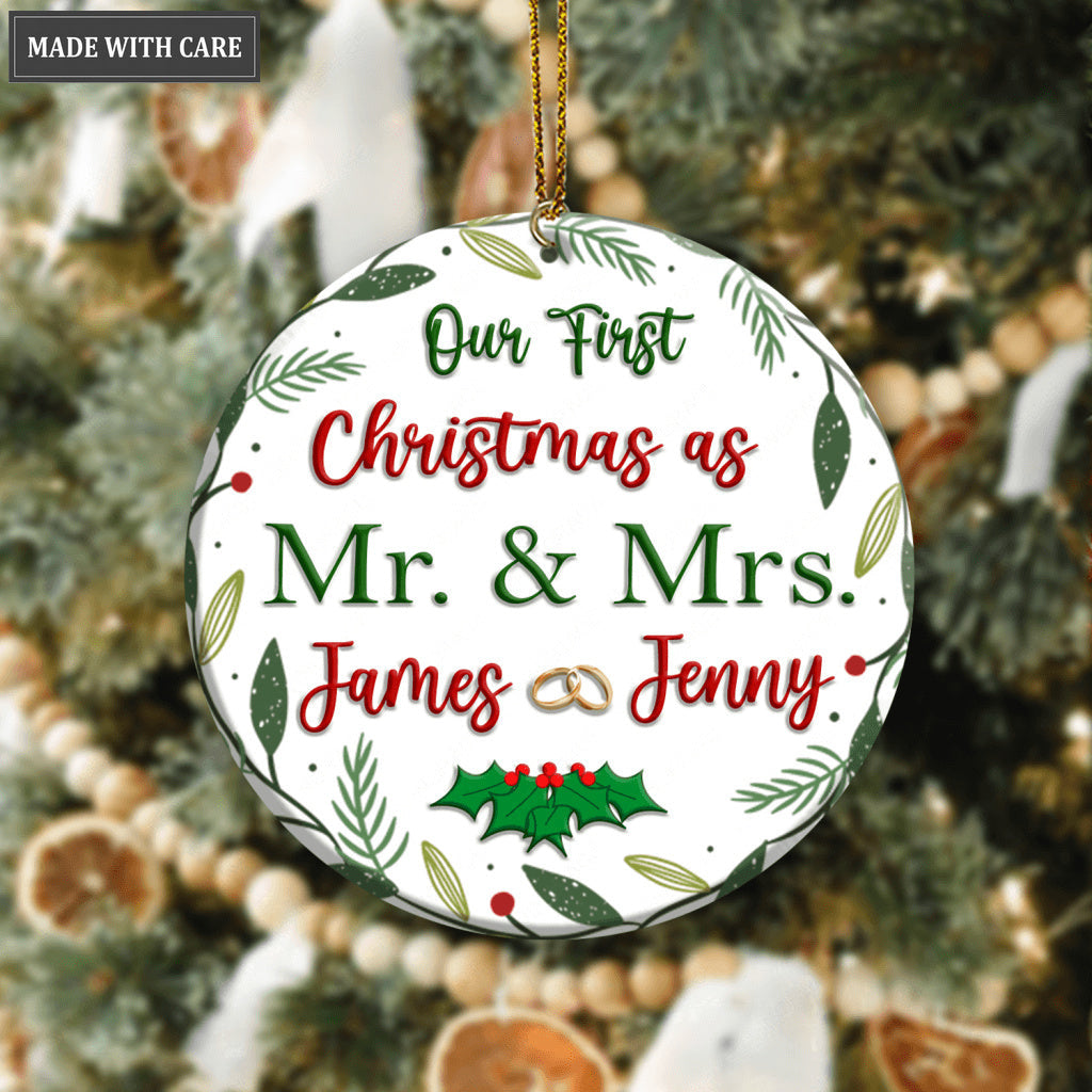 Floral Frame Couple Rings Our First Christmas Personalized Ornament