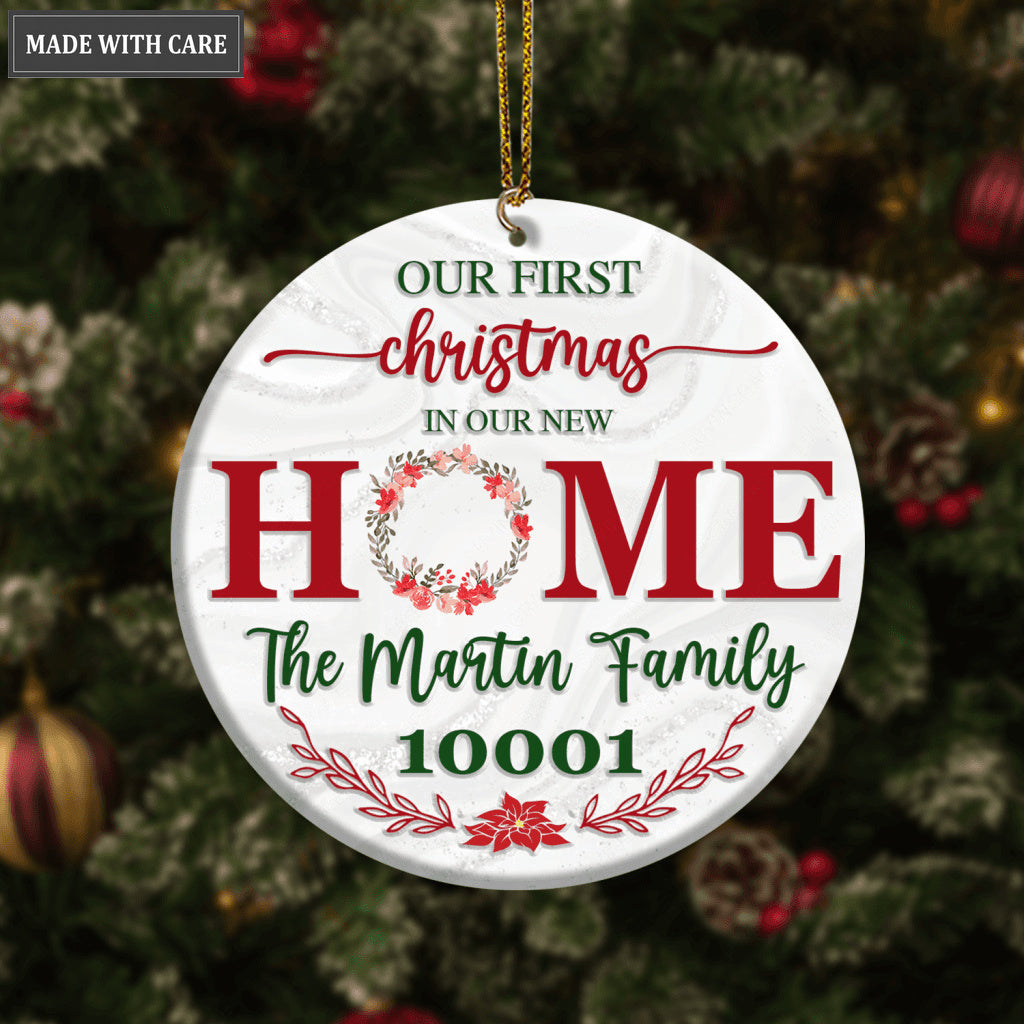 Red Floral First Christmas In Our New Home Family Name And Zip Code Personalized Ornament