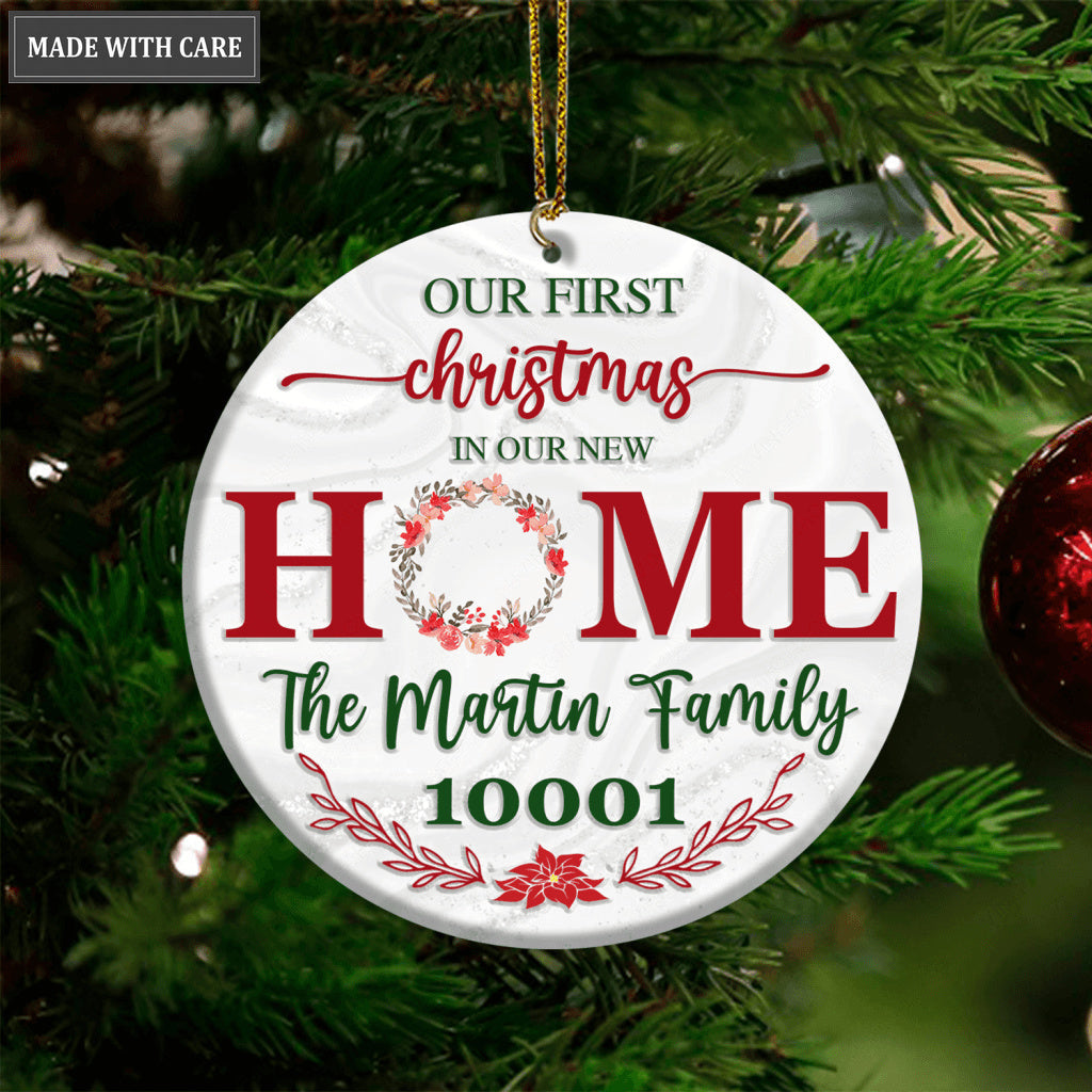 Red Floral First Christmas In Our New Home Family Name And Zip Code Personalized Ornament