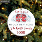 Vintage Red House First Christmas In Our New Home Family Name And Zip Code Personalized Ornament