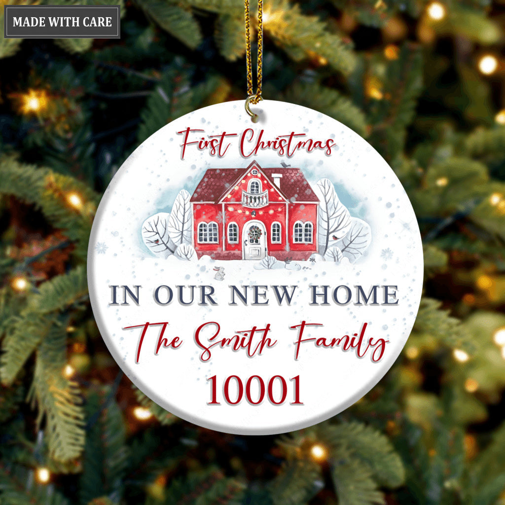 Vintage Red House First Christmas In Our New Home Family Name And Zip Code Personalized Ornament
