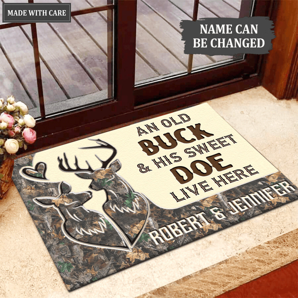 Deer Camo Old Buck And Doe Personalized Doormat