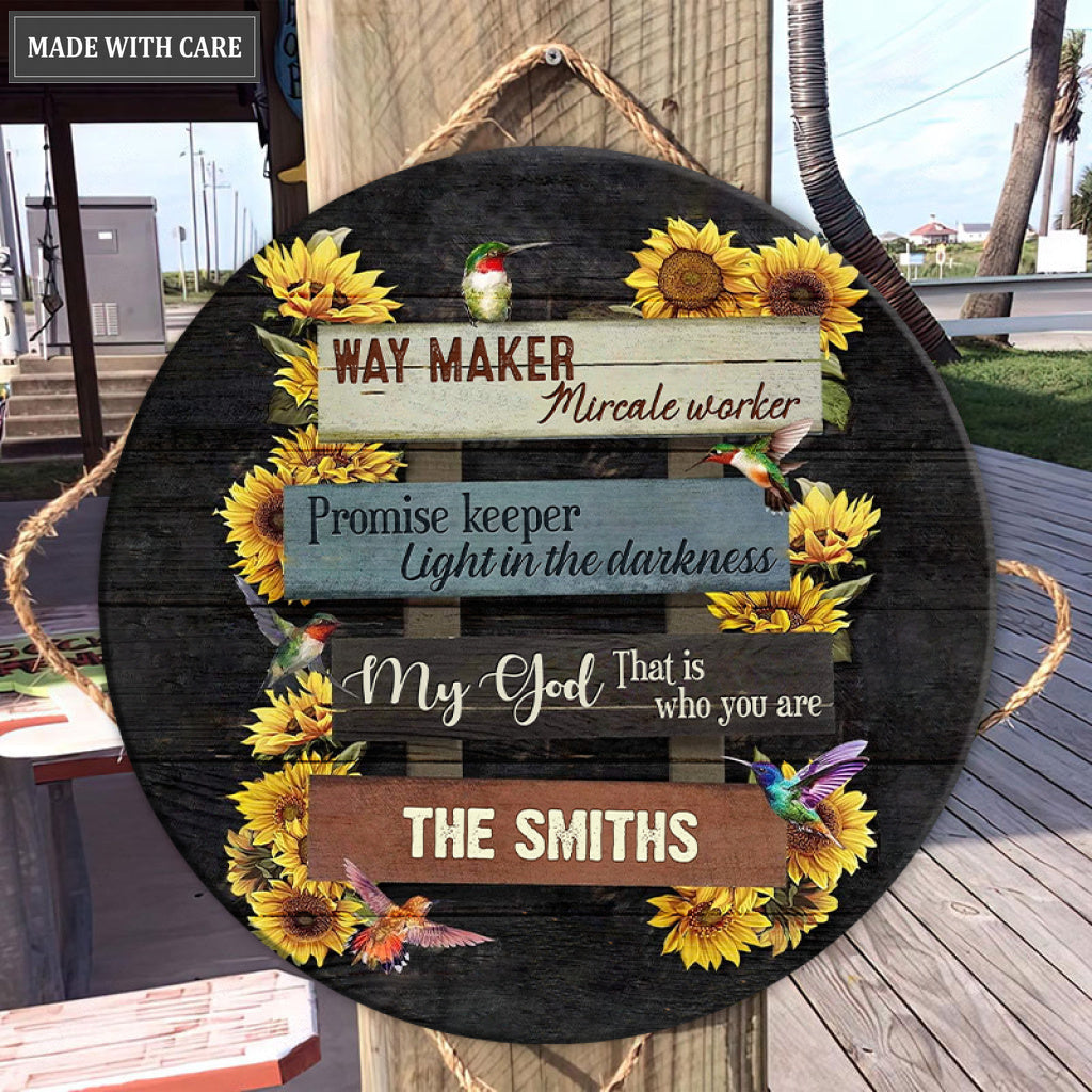 Personalized Sunflower And Hummingbird Wood Circle Sign