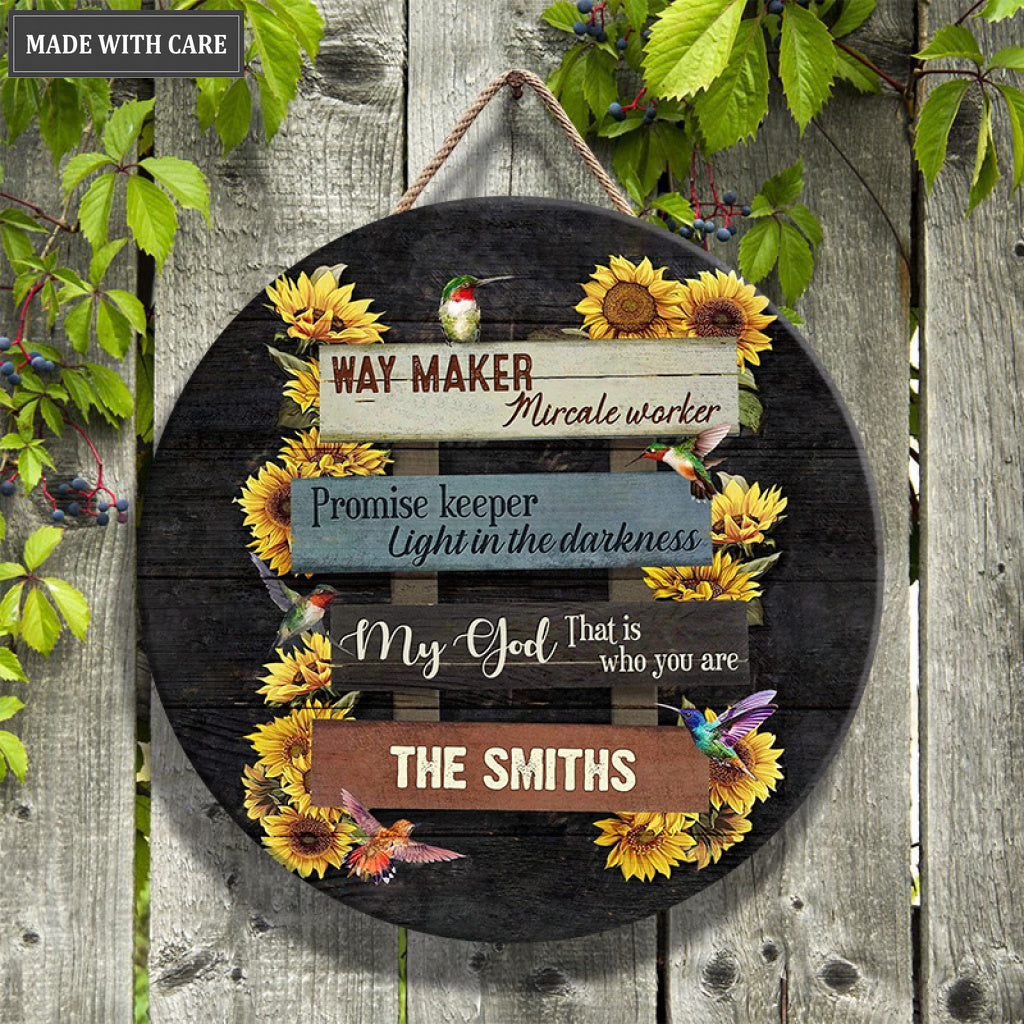 Personalized Sunflower And Hummingbird Wood Circle Sign